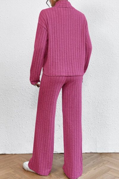 Blue Zone Planet | Mock Neck Dropped Shoulder Top and Pants Set BLUE ZONE PLANET