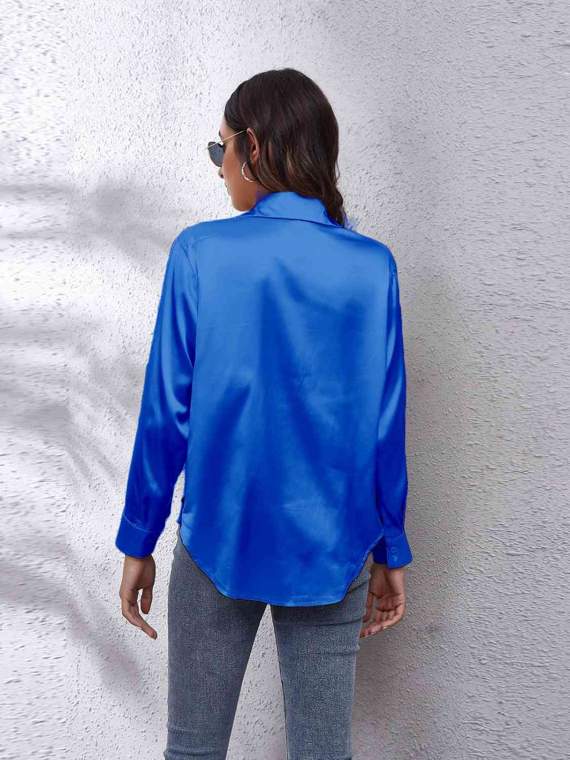 Collared Neck Buttoned Long Sleeve Shirt BLUE ZONE PLANET