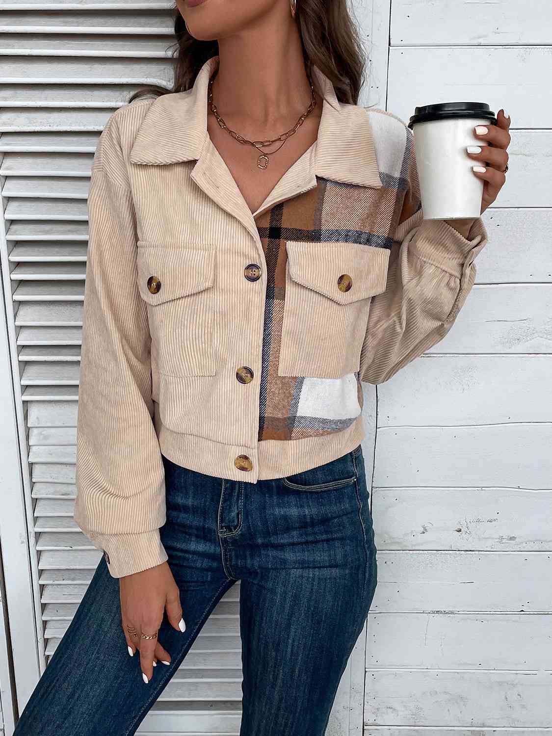 Color Block Collared Neck Button-Up Jacket BLUE ZONE PLANET