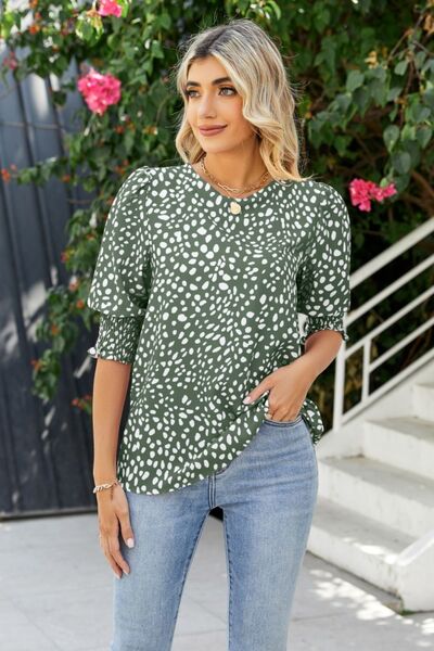 Blue Zone Planet | Polka Dot Round Neck Lantern Sleeve Blouse BLUE ZONE PLANET