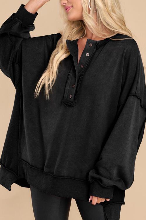 Buttoned Dropped Shoulder Sweatshirt BLUE ZONE PLANET