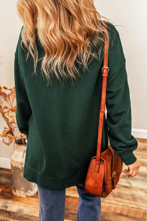 Round Neck Drop Shoulder Slit Sweatshirt BLUE ZONE PLANET