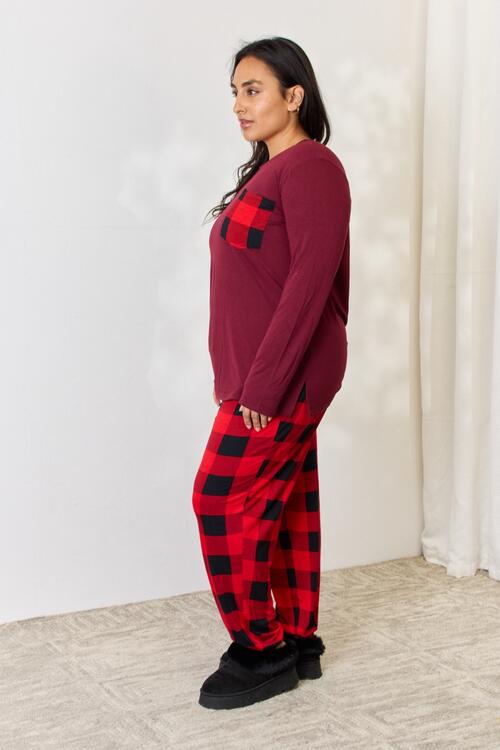Zenana Full Size Plaid Round Neck Top and Pants Pajama Set BLUE ZONE PLANET