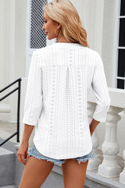 Blue Zone Planet | Eyelet Notched Knit Jacquard Top BLUE ZONE PLANET