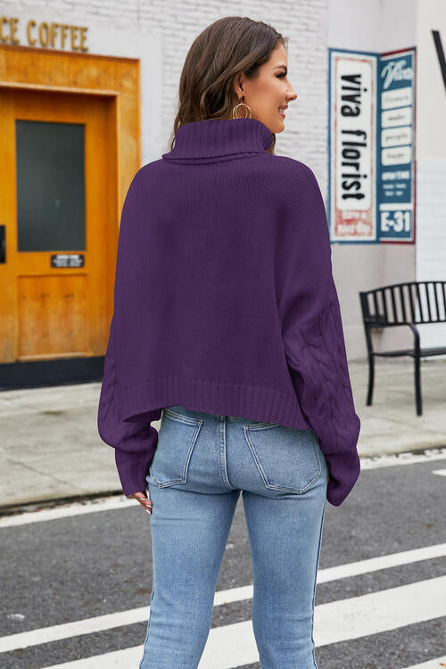 Turtleneck Cable-Knit Long Sleeve Sweater BLUE ZONE PLANET