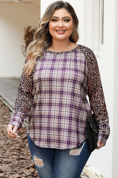 Blue Zone Planet | Plus Size Leopard Raglan Sleeve Plaid T-Shirt BLUE ZONE PLANET