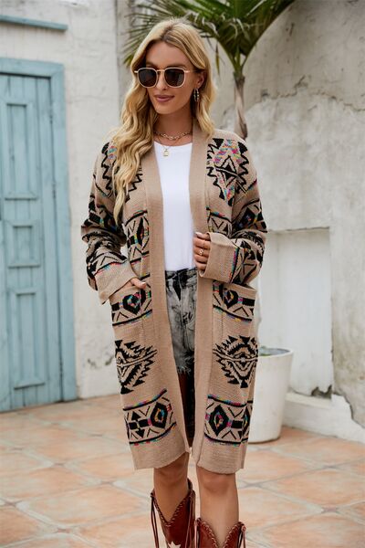 Pocketed Geometric Open Front Dropped Shoulder Cardigan BLUE ZONE PLANET