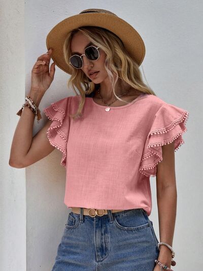 Blue Zone Planet | Ruffled Cap Sleeve Round Neck Blouse BLUE ZONE PLANET