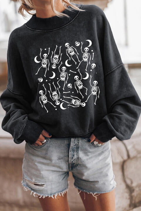 Skeleton Graphic Round Neck Long Sleeve Sweatshirt BLUE ZONE PLANET