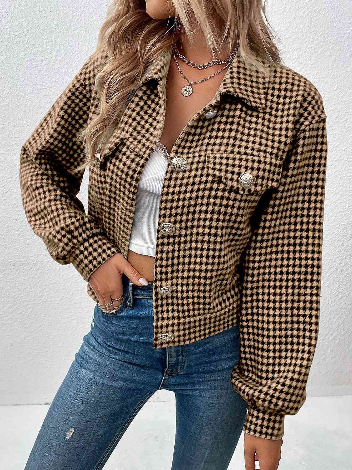 Houndstooth Collared Neck Button Up Jacket BLUE ZONE PLANET