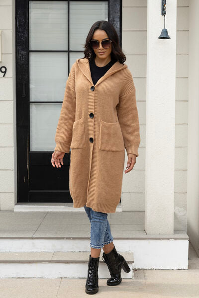 Blue Zone Planet |  Button Up Long Sleeve Hooded Cardigan with Pockets BLUE ZONE PLANET