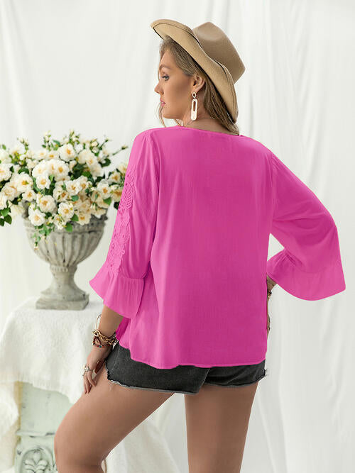 Double Take Plus Size Flower Crochet Flare Sleeve Top BLUE ZONE PLANET