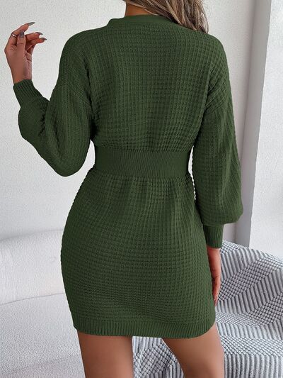 Buttoned Cable-Knit V-Neck Sweater Dress BLUE ZONE PLANET