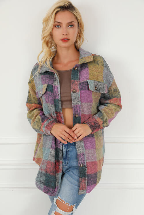 Plaid Collared Neck Button Front Jacket BLUE ZONE PLANET