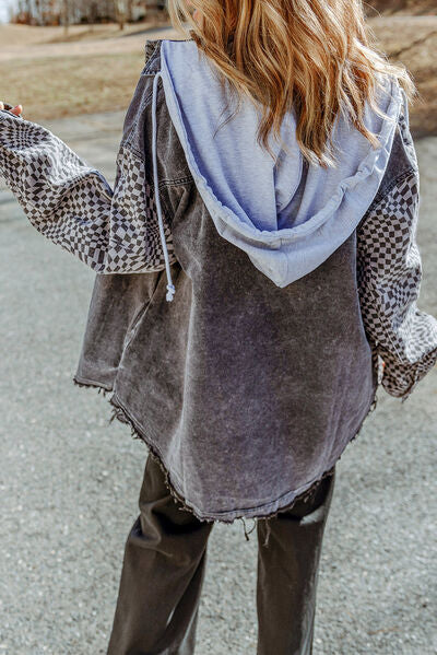 Plaid Snap Down Raw Hem Drawstring Hooded Jacket BLUE ZONE PLANET