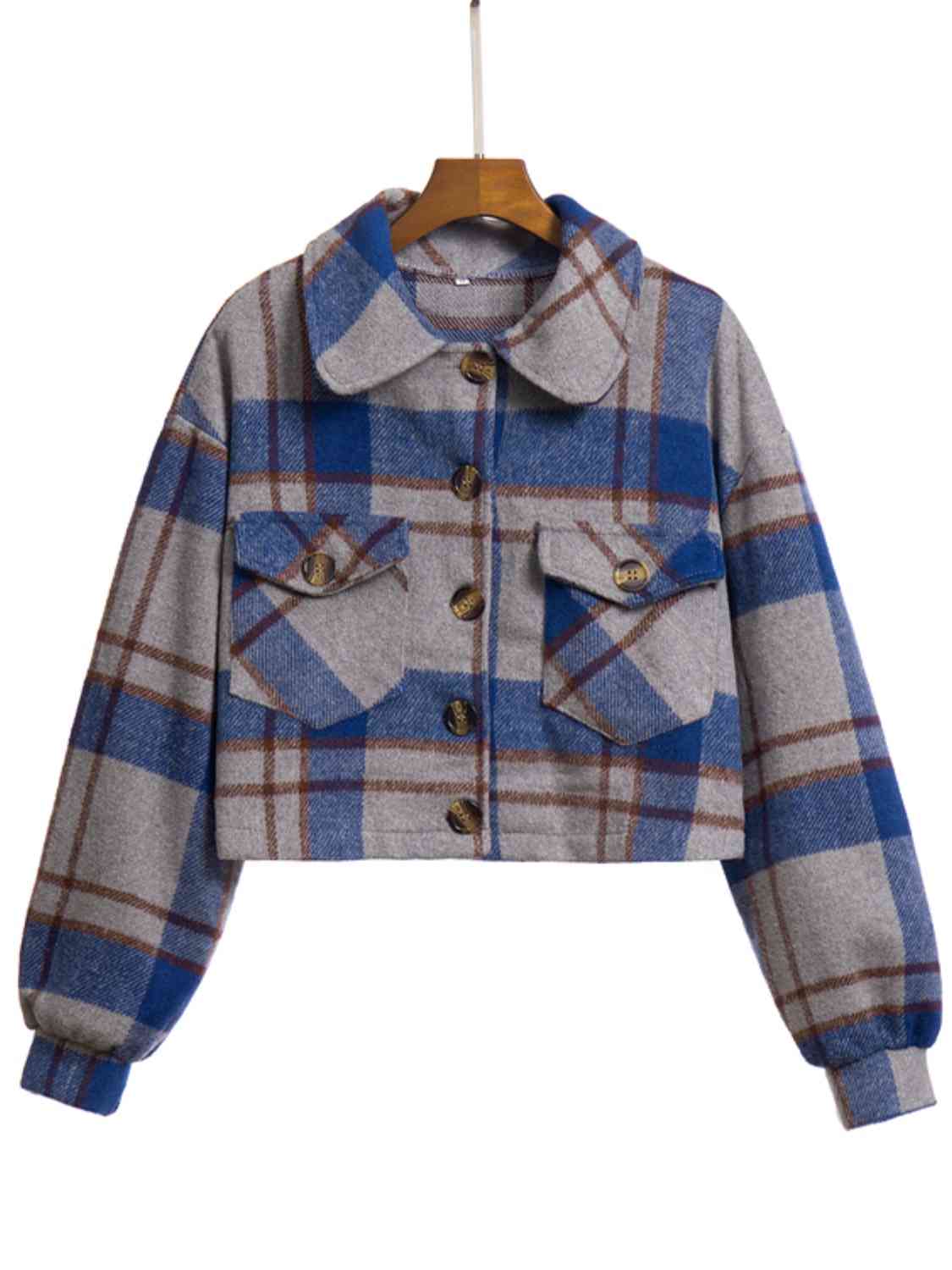 Plaid Button Front Jacket with Pockets BLUE ZONE PLANET
