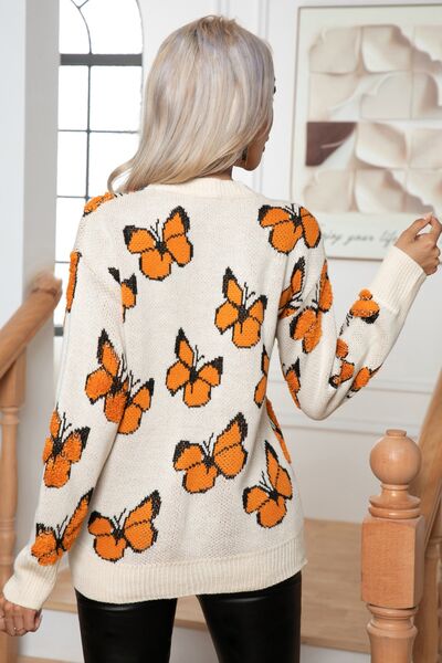 Blue Zone Planet | Butterfly Round Neck Long Sleeve Sweater BLUE ZONE PLANET
