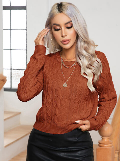Cable-Knit Round Neck Long Sleeve Sweater BLUE ZONE PLANET