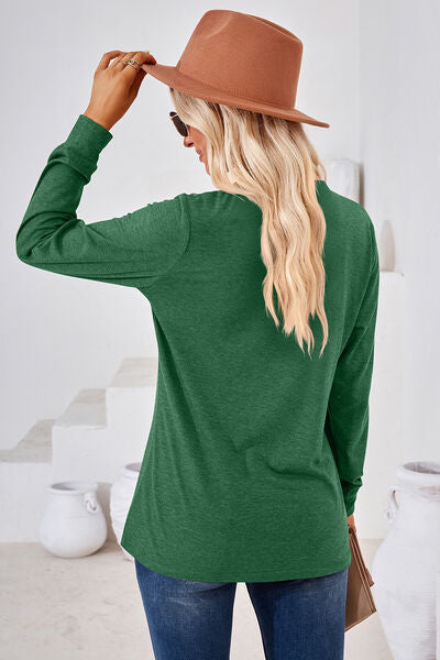 Notched Button Detail Long Sleeve T-Shirt Trendsi
