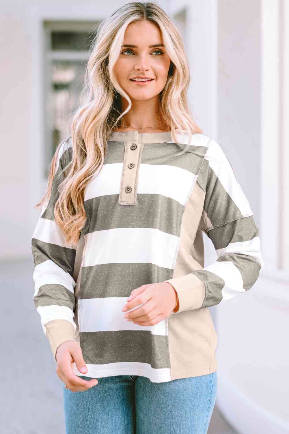 Striped Exposed Seam Buttoned T-Shirt BLUE ZONE PLANET