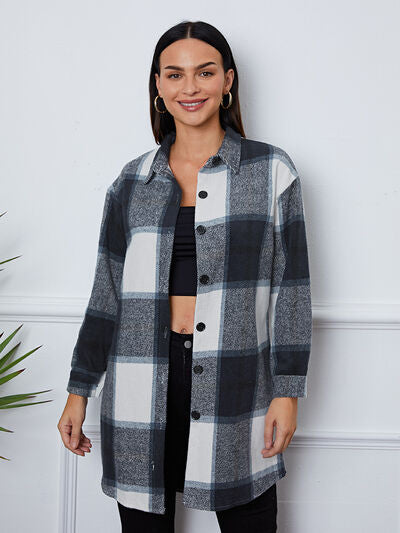 Plaid Button Up Collared Neck Outerwear BLUE ZONE PLANET