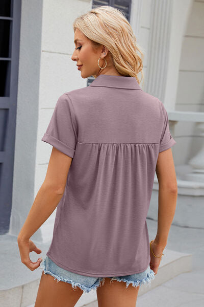 Blue Zone Planet | Ruched Johnny Collar Short Sleeve Blouse BLUE ZONE PLANET