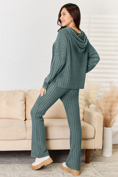 Blue Zone Planet | Basic Bae Full Size Ribbed Drawstring Hood Top and Straight Pants Set BLUE ZONE PLANET