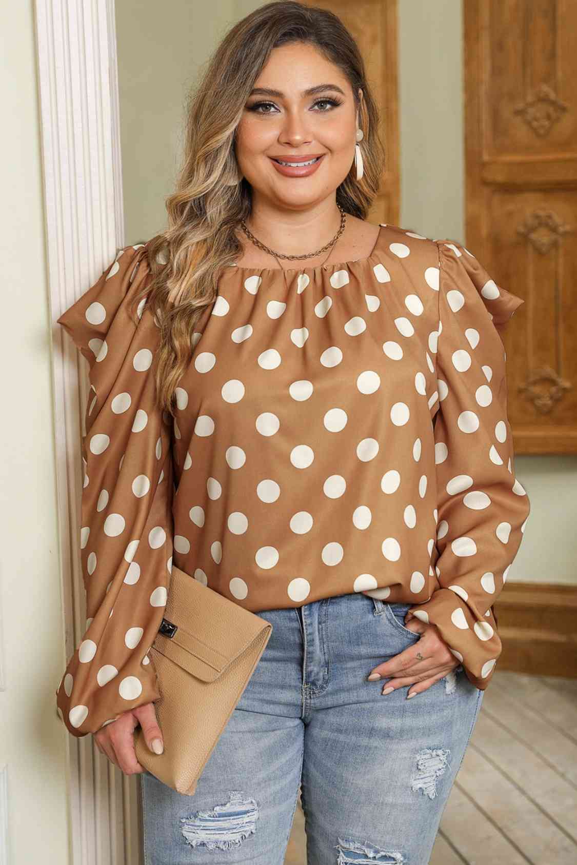 Plus Size Polka Dot Long Sleeve Blouse BLUE ZONE PLANET