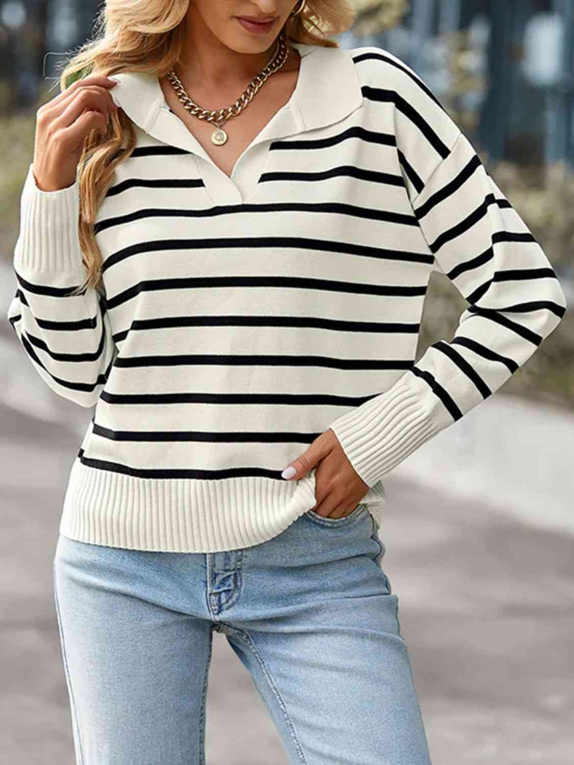 Striped Collared Neck Knit Top BLUE ZONE PLANET