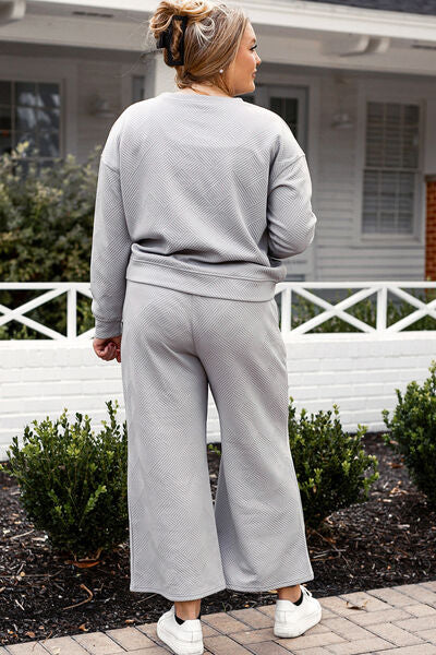 Double Take Full Size Textured Long Sleeve Top and Drawstring Pants Set BLUE ZONE PLANET