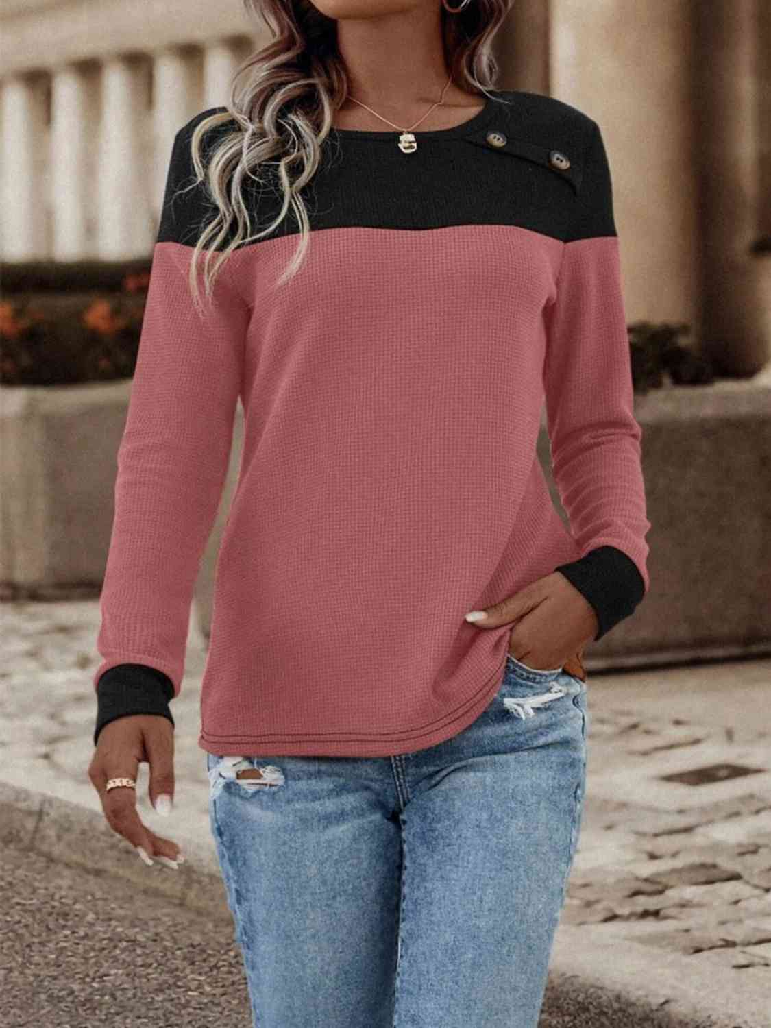 Contrast Buttoned Round Neck Long Sleeve T-Shirt BLUE ZONE PLANET