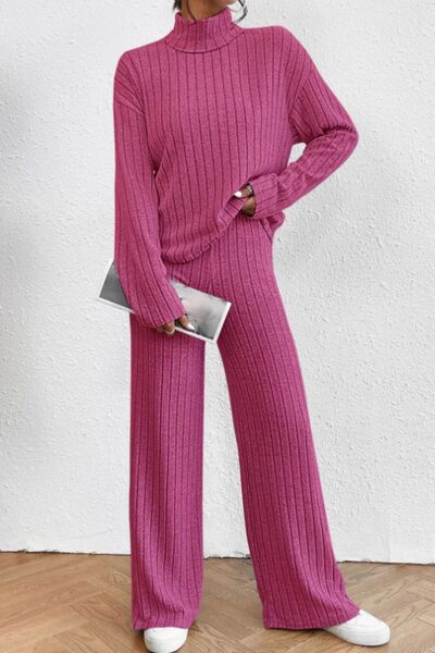 Blue Zone Planet | Mock Neck Dropped Shoulder Top and Pants Set BLUE ZONE PLANET