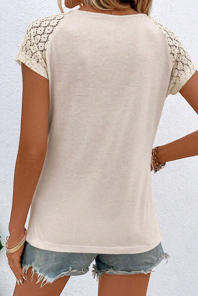 Blue Zone Planet | Cutout Round Neck Lace Short Sleeve T-Shirt BLUE ZONE PLANET