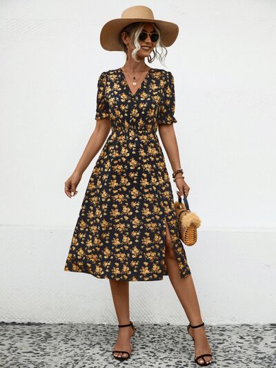 Blue Zone Planet |  Slit Printed V-Neck Short Sleeve Dress BLUE ZONE PLANET
