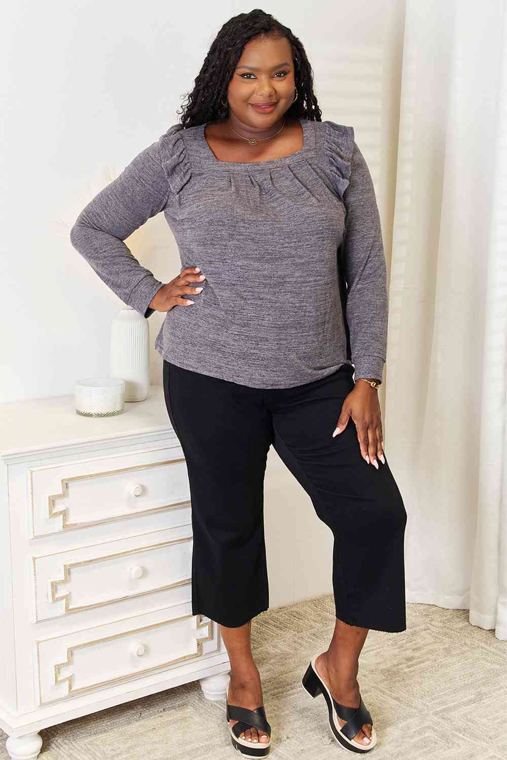 Double Take Square Neck Ruffle Shoulder Long Sleeve T-Shirt BLUE ZONE PLANET