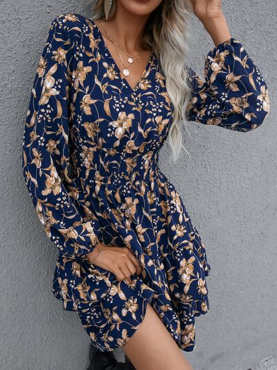 Blue Zone Planet |  Floral Layered Surplice Balloon Sleeve Dress BLUE ZONE PLANET