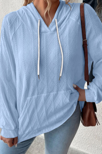 Textured Drawstring Kangaroo Pocket Hoodie Trendsi