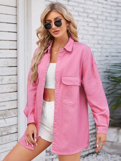 Pocketed Snap Down Dropped Shoulder Denim Shacket Trendsi