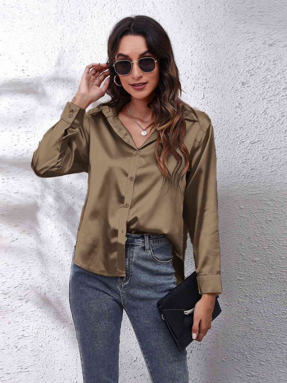 Collared Neck Buttoned Long Sleeve Shirt BLUE ZONE PLANET
