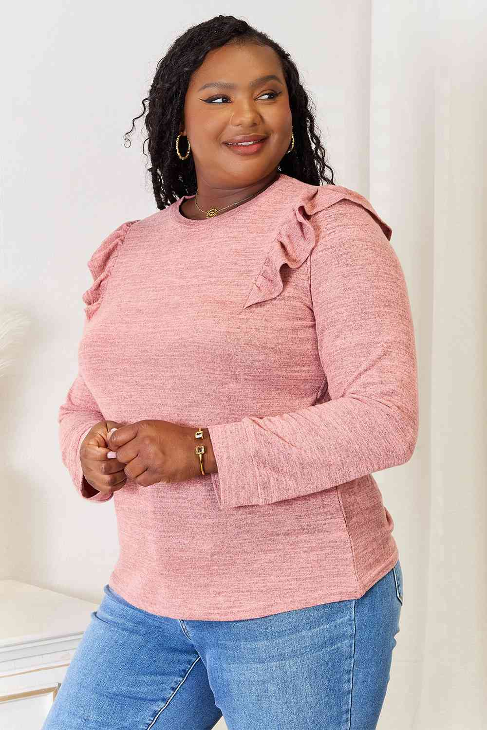 Double Take Ruffle Shoulder Long Sleeve T-Shirt BLUE ZONE PLANET