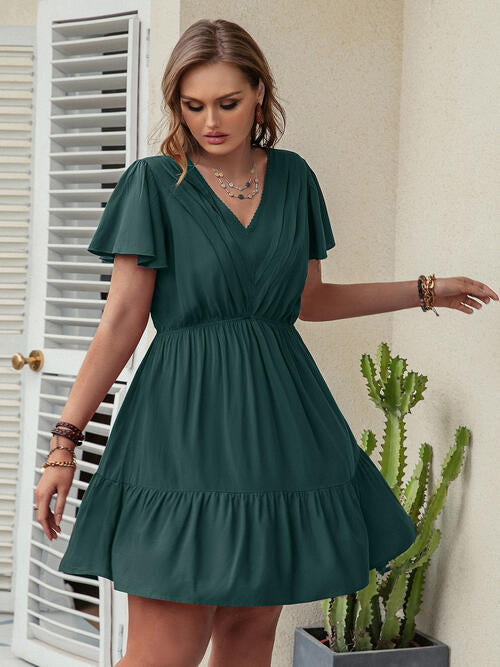Double Take Plus Size Ruffle Hem V-Neck Short Sleeve Dress BLUE ZONE PLANET