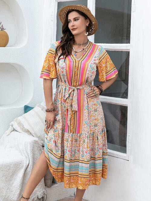 Plus Size Floral Tied Short Sleeve Midi Dress BLUE ZONE PLANET