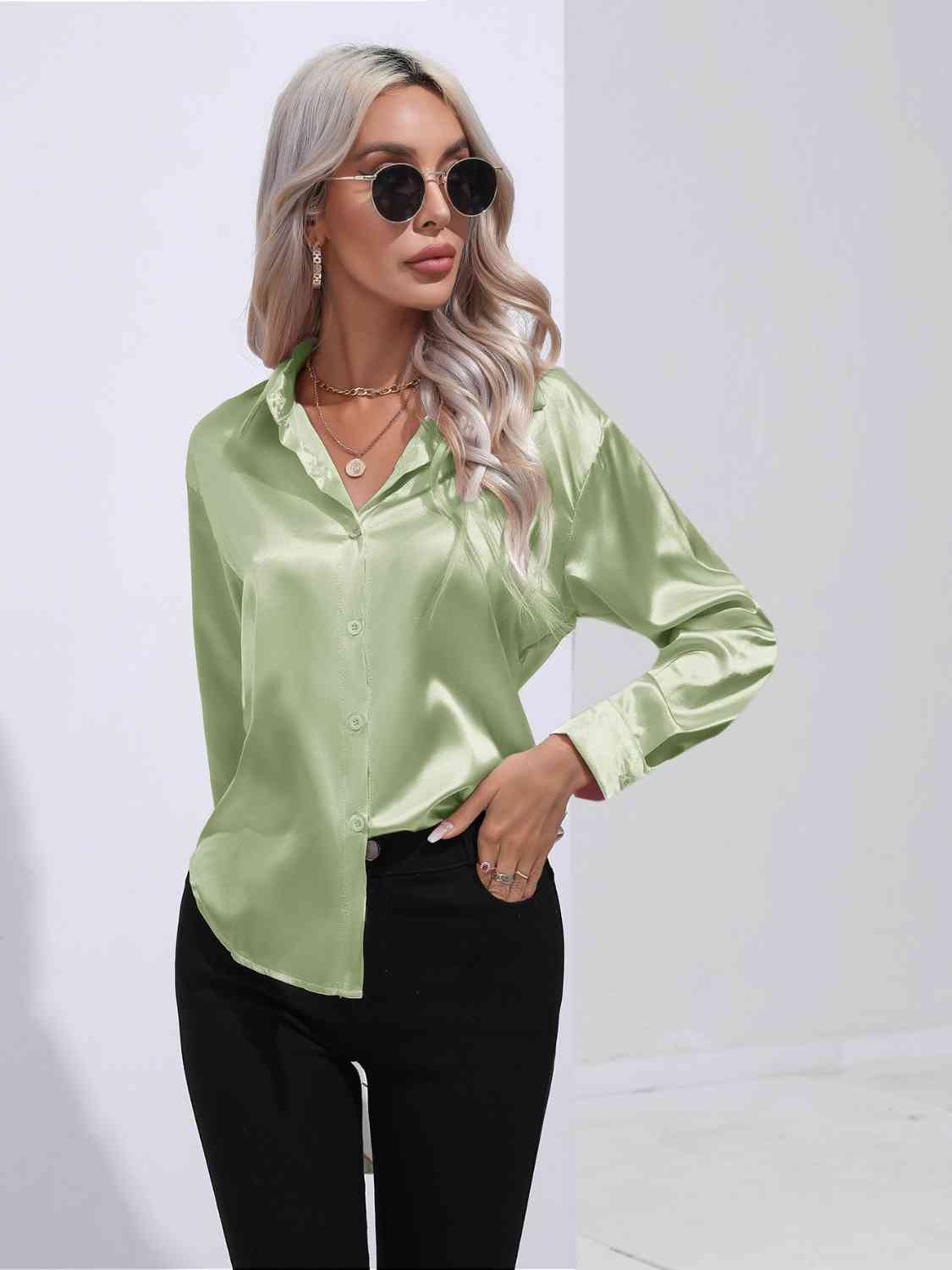 Collared Neck Buttoned Long Sleeve Shirt BLUE ZONE PLANET