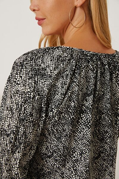Blue Zone Planet | Printed Tie Neck Lantern Sleeve Blouse BLUE ZONE PLANET