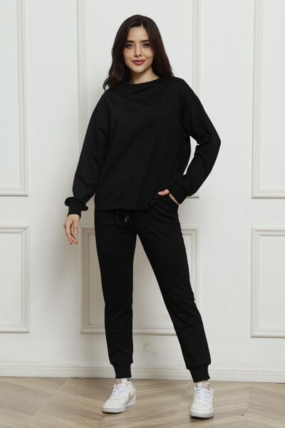 Blue Zone Planet | Round Neck Long Sleeve Top and Drawstring Pants Set BLUE ZONE PLANET