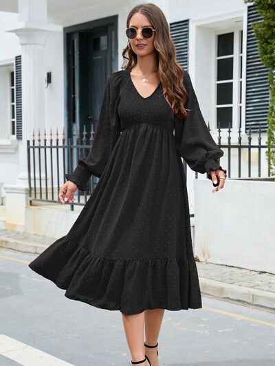 Swiss Dot V-Neck Smocked Lantern Sleeve Ruffle Hem Dress BLUE ZONE PLANET