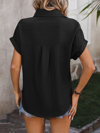 Textured Button Up Cap Sleeve Shirt Trendsi
