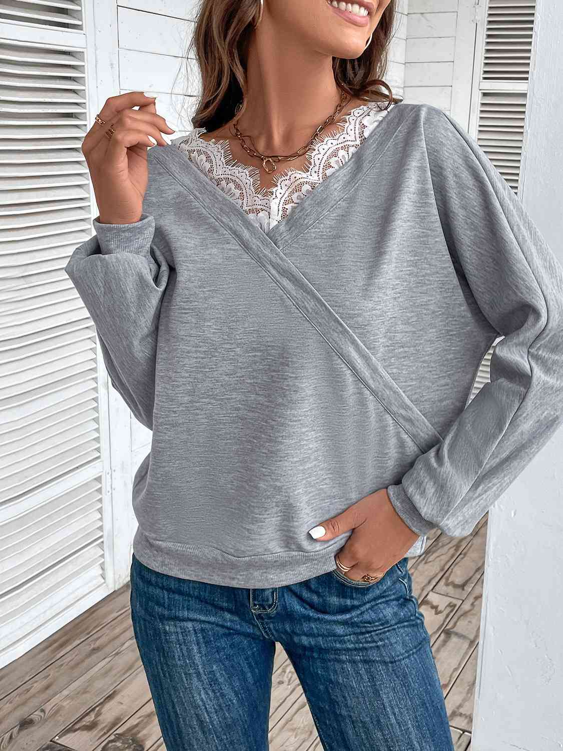 Lace Detail Long Sleeve Top BLUE ZONE PLANET