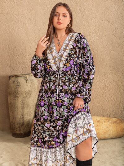 Blue Zone Planet | Plus Size V-Neck Balloon Sleeve Printed Midi Dress BLUE ZONE PLANET