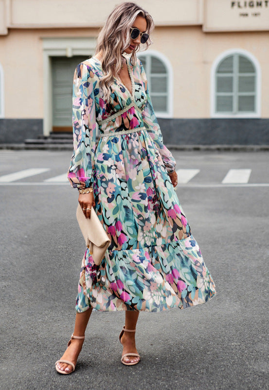resort printed V-neck long-sleeved dress BLUE ZONE PLANET